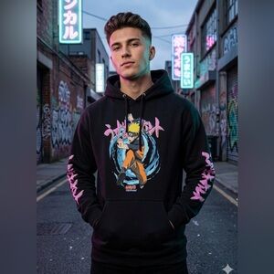Anime Graphic Black Hoodie with Pink Details